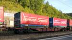 DB Container/Aufliegerwagen 4-achsig 80 4558 777-7 TEN RIV D-DB Sgns mit Winner Aufliegern (Pritschen) in Geislingen Steige am 20.09.2012.