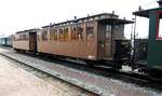 Historische Schmalspur-Personenwagen BCC der K.Sächs.StsEB 325 K und 343 K in Radebeul Ost am 11.04.2016.