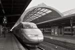 . Am 10.12.2013 hatten wir das Vergn�gen in einem TGV Duplex von Strasbourg nach Mulhouse reisen zu d�rfen. Das Bild zeigt den TGV R�seau Duplex 610 im leicht nebeligen Bahnhof von Strasbourg. Von aussen nicht sehr ansehnlich (deshalb die s/w Bearbeitung), erwies sich der schnelle Zug von innen aber als wahres Bijou und die kurze Fahrt war sehr angenehm. (Hans)

Kurz nach der ersten Probefahrt (November 1994) konnte bereits ein Triebzug mit acht Wagen bei einer Geschwindigkeit von 290 km/h auf der S�d-Ost-Strecke getestet werden. Der Triebzug wurde zu diesem Zeitpunkt noch von Triebk�pfen des TGV R�seau angetrieben, da sich die Triebk�pfe des TGV Duplex noch in Entwicklung befanden. Der erste Triebkopf des TGV Duplex wurde erst am 21. Juni 1995 mit den Doppelstockwagen gekoppelt.

Es gab 19 Z�ge vom Typ TGV R�seau Duplex mit den Nummern 601 bis 619, die teilweise als Zweisystemz�ge und teilweise als Dreisystemz�ge (Nummern 613–615), zus�tzlich unter 3,0 kV Gleichstrom, ausgef�hrt wurden.

Die technischen Daten des TGV R�seau Duplex:

Bauzeitraum: 1995–1998 (1. Bauserie)
Einsatzgebiet: Alle TGV-Linien
H�chstgeschwindigkeit: 320 km/h
Spannungssysteme: 25 kV 50 Hz Wechselspannung oder 1,5 kV Gleichspannung
Antrieb: 8 Drehstrom-Synchronmotoren, 8.800 kW (~12000 PS) bei 25 kV Versorgungsspannung.
L�nge und Gewicht: 200 m / 380 Tonnen
Zusammensetzung: 1 Antriebseinheit + 8 Wagen + 1 Antriebseinheit, 545 Sitze
Kennzahlen: 23 kW/Tonne / 0,70 Tonnen/Sitz / 16,15 kW/Sitz
