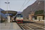 Die FS Treniatlia E 652 110 steht mit einem langen Hochbordwagenzug in Premosello-Chiovenda und wartet nicht wie ich erst vermutet die Kreuzung eines Gegenzuges ab, sondern die Streckenfreigabe