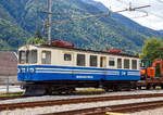 Der SSIF Squadra Manutenzione De 4/4 18, ex SSIF ABDe4/4 18, ex FART ABDe4/4 18, ex FRT ABFe 4/4 18, ex FRT BCFe4/4 18 ist am 15 September 2017 beim Bahnhof Santa Maria Maggiore (Stazione SSIF di