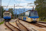 Der vierteilige SSIF Panoramatriebzug (ABe 12/16) verl�sst am 15 Sepzember 2017 den Bahnhof Santa Maria Maggiore (Stazione SSIF di Santa Maria Maggiore) in Richtung Domodossola.