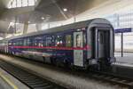 Ein Personenwagen des Nightjetzuges, mit Bestuhlung, am Ende eines nightjet Zuges im Bahnhof von Wien. 03.05.2026