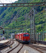 Der 4-teilige L�sch- und Rettungszug „Brig“ (ein vierteiliger LRZ 18) der SBB Infrastruktur erreicht am 25 Mai 2023 seinen Heimatbahnhof Brig.