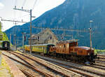   Das SBB Gotthard Krokodil Ce 6/8 II 14253 (eigentlich Be 6/8 II 13253) der SBB Historic am 02.08.2019 mit einem Sonderzug bei einer Scheinanfahrt im Bahnhof Göschenen.