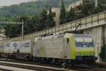 Scanbild von BLS 485 003 in Schiebedienst in Spiez am 24 Mai 2002.