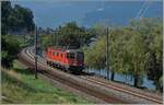 In rechte gepflegtem rot zeigt sich die SBB Re 6/6 11637 (Re 620 037-2)  Sonceboz-Sombeval  kurz nach Villeneuve als Lokzug auf der Fahrt in Richtung Lausanne.