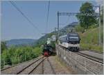 Durch die Gr�sse des Bahnhofs Chamby und des Betriebsgeschehen ein eher seltenes Ereignis: Paralleleinfahrt des MOB GoldenPass Panoramic 2221 mit dem Alpina ABe 4/4 9303 und dem Blonay-Chamby Dampfzug