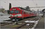 Der CJ Pendelzug RBDe 4/4 I 222 mit ABt in Bonfol. 
11. Jan. 2019
