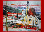  Bei Disentis , in Werk von 1957 vom Schweizer Maler, Zeichner, Lithograf und Kinderbuchautor Alois Carigiet, hier am 20 Februar 2017 im Bahnhof Alp Gr�m, an dem ALLEGRA-Zweispannungstriebzug ABe 8/12 RhB 3515  Alois Carigiet .