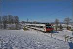 Ein tpf und ein SBB RBDe 560  Domino sind als RE 4016 von Düdingen nach Bulle unterwegs und erreichen in Kürze die Dienst- und Kreuzungsstation Vuisternens-devant- Romont.