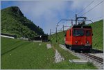 W�hrend der Hem 2/2 12 in Jaman pausiert, fahren im Hintergrund die beidnen Beh 4/8 301 und 304 Richtung Rochers de Naye.