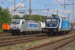 Zwei Tschechischen TRaxxen in Bad Bentheim am 26 April 2025: während die CDC 388 019 nix zu tun hat, zieht Metrans 386 029 ein KLV aus Bad Bentheim in die Niederlande.